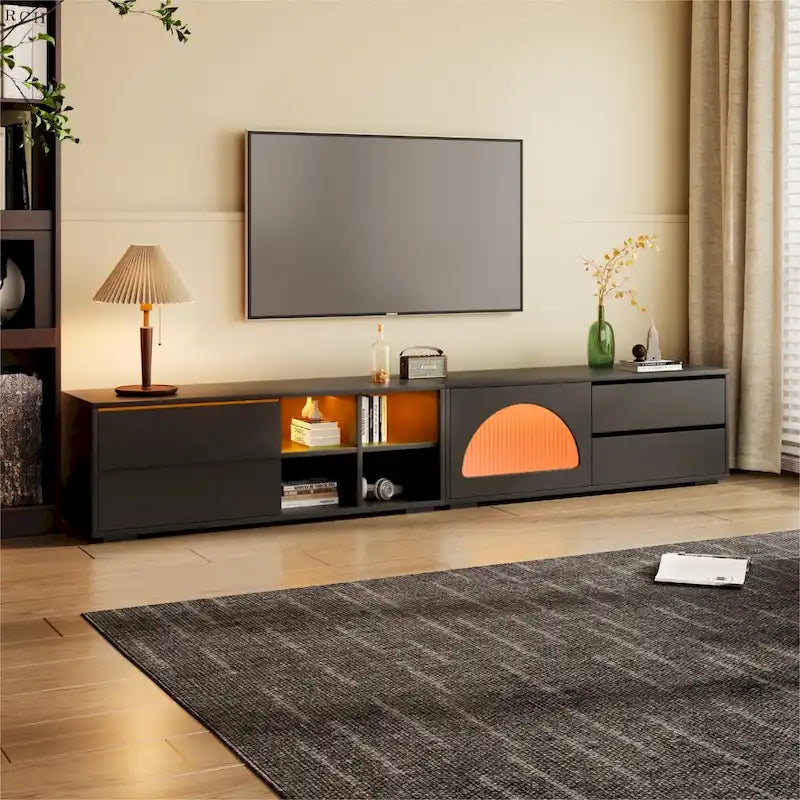 Modern TV Stand with Fluted Glass Door for TVs Up to 100, Media Console with Sliding Door & 2 Drawers