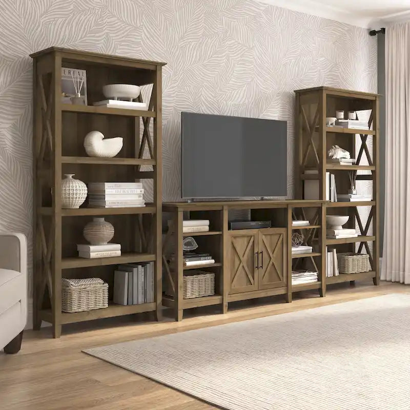TV Stand 60"W with 2 Bookcases 65" TV Farmhouse X-Pattern 3-Piece Set Cable Management