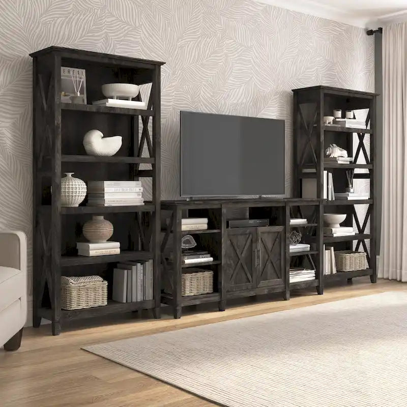 TV Stand 60"W with 2 Bookcases 65" TV Farmhouse X-Pattern 3-Piece Set Cable Management