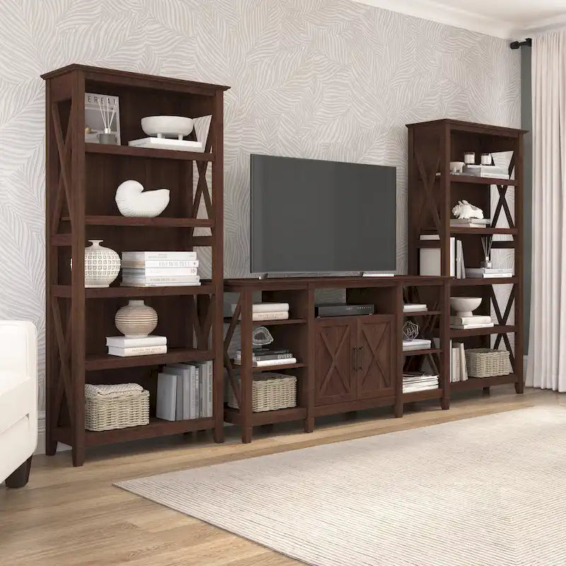 TV Stand 60"W with 2 Bookcases 65" TV Farmhouse X-Pattern 3-Piece Set Cable Management