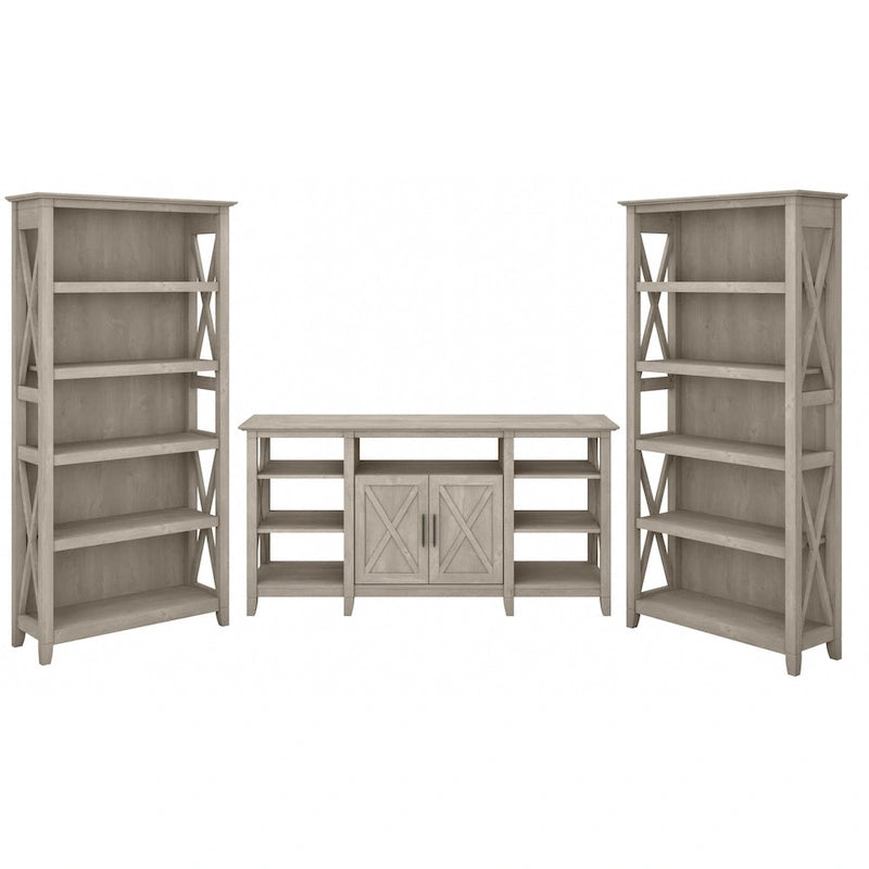 TV Stand 60"W with 2 Bookcases 65" TV Farmhouse X-Pattern 3-Piece Set Cable Management