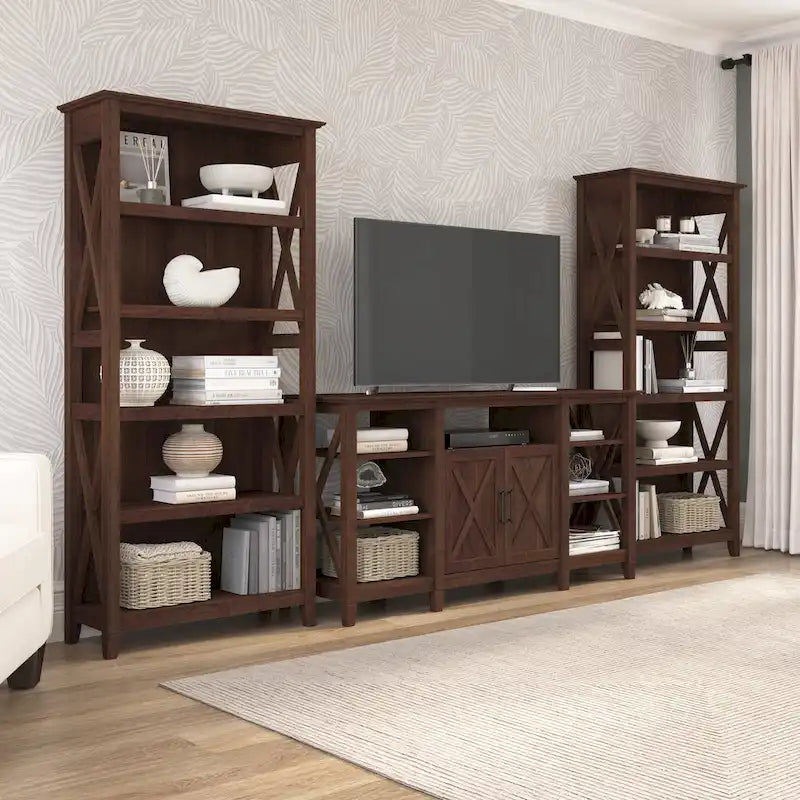 TV Stand 60"W with 2 Bookcases 65" TV Farmhouse X-Pattern 3-Piece Set Cable Management
