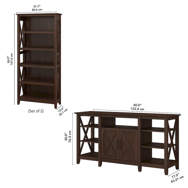 TV Stand 60"W with 2 Bookcases 65" TV Farmhouse X-Pattern 3-Piece Set Cable Management