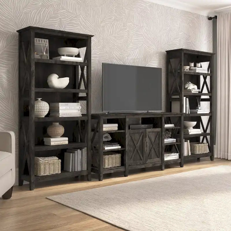 TV Stand 60"W with 2 Bookcases 65" TV Farmhouse X-Pattern 3-Piece Set Cable Management