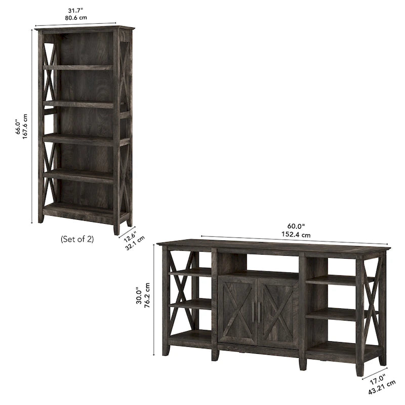 TV Stand 60"W with 2 Bookcases 65" TV Farmhouse X-Pattern 3-Piece Set Cable Management