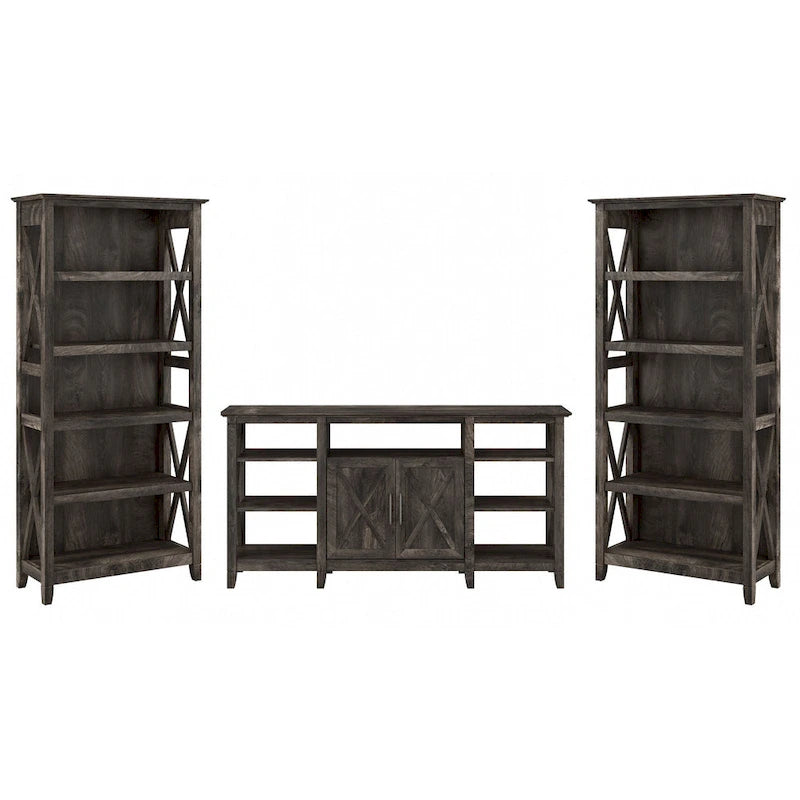 TV Stand 60"W with 2 Bookcases 65" TV Farmhouse X-Pattern 3-Piece Set Cable Management