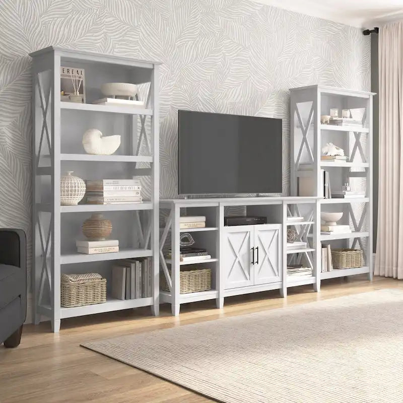 TV Stand 60"W with 2 Bookcases 65" TV Farmhouse X-Pattern 3-Piece Set Cable Management