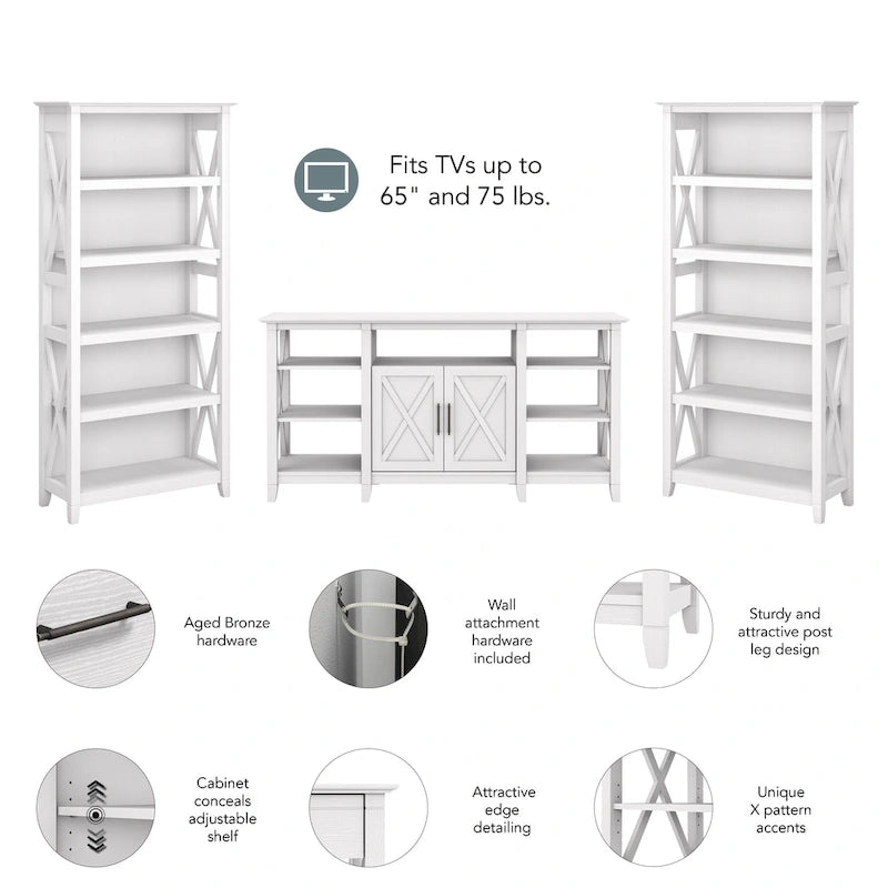 TV Stand 60"W with 2 Bookcases 65" TV Farmhouse X-Pattern 3-Piece Set Cable Management