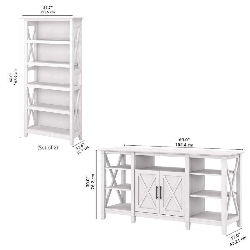 TV Stand 60"W with 2 Bookcases 65" TV Farmhouse X-Pattern 3-Piece Set Cable Management