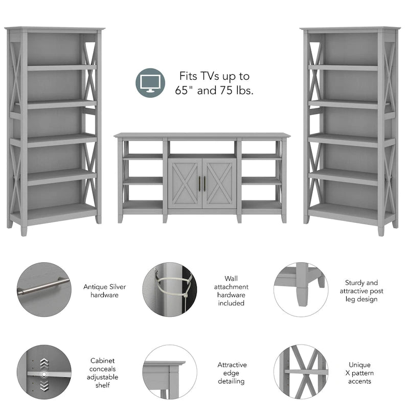 TV Stand 60"W with 2 Bookcases 65" TV Farmhouse X-Pattern 3-Piece Set Cable Management