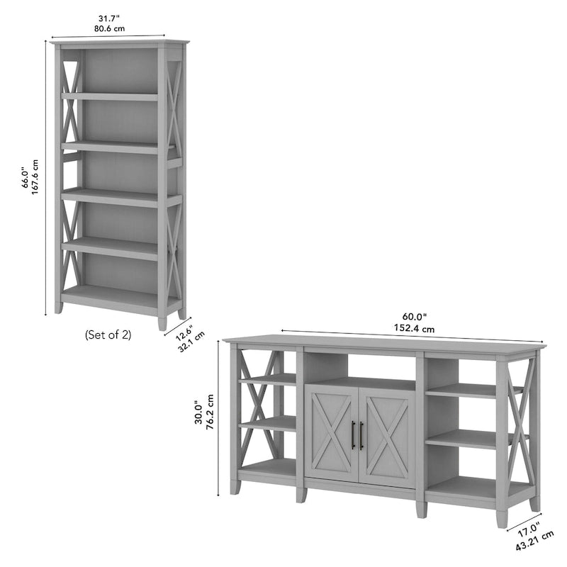 TV Stand 60"W with 2 Bookcases 65" TV Farmhouse X-Pattern 3-Piece Set Cable Management