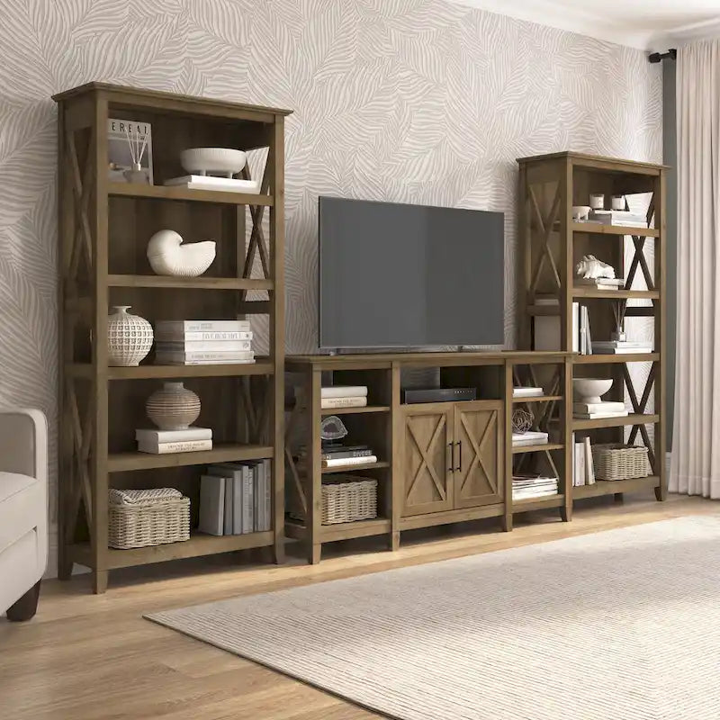 TV Stand 60"W with 2 Bookcases 65" TV Farmhouse X-Pattern 3-Piece Set Cable Management