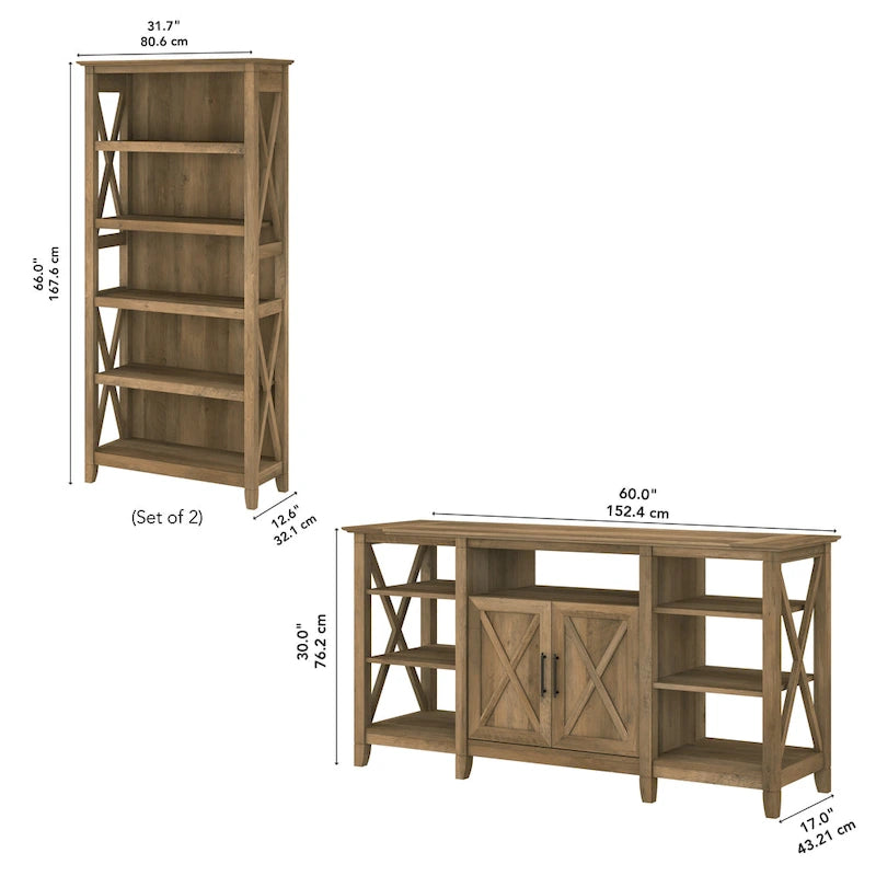 TV Stand 60"W with 2 Bookcases 65" TV Farmhouse X-Pattern 3-Piece Set Cable Management