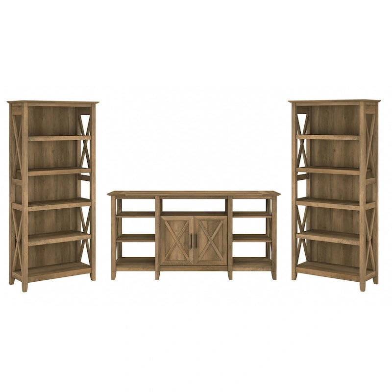 TV Stand 60"W with 2 Bookcases 65" TV Farmhouse X-Pattern 3-Piece Set Cable Management