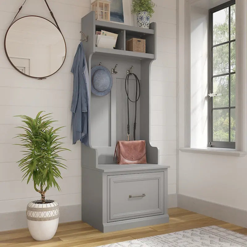 Hall Tree & Shoe Bench Set 24"W - Coat Hooks, Storage Drawer, 250 lbs Capacity, Transitional Entryway