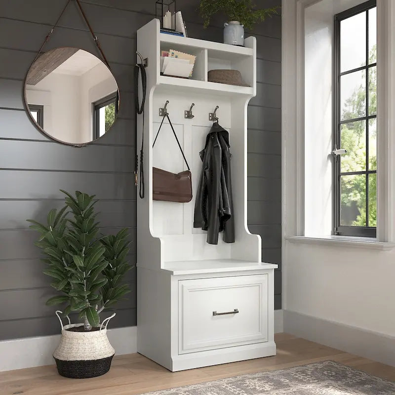 Hall Tree & Shoe Bench Set 24"W - Coat Hooks, Storage Drawer, 250 lbs Capacity, Transitional Entryway
