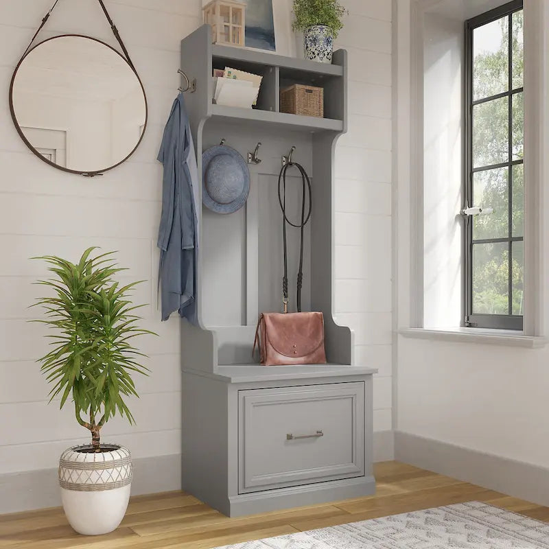 Woodland Hall Tree and Small Shoe Bench with Drawer by Bush Furniture