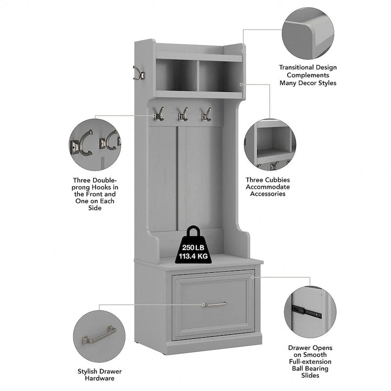 Hall Tree & Shoe Bench Set 24"W - Coat Hooks, Storage Drawer, 250 lbs Capacity, Transitional Entryway