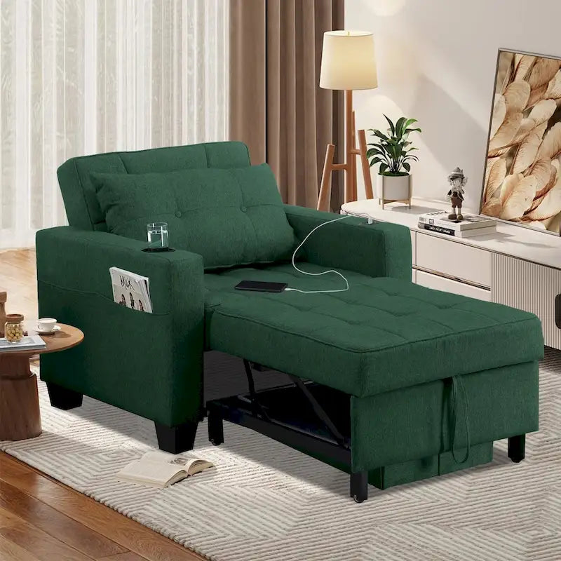 Convertible Chair Bed 3-in-1 36.6"W USB Ports Cup Holders 3 Recline Angles Steel 330 LBS