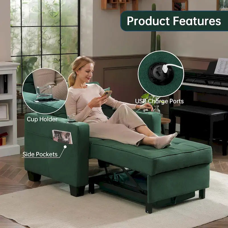 Convertible Chair Bed 3-in-1 36.6"W USB Ports Cup Holders 3 Recline Angles Steel 330 LBS