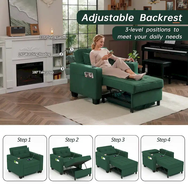 Convertible Chair Bed 3-in-1 36.6"W USB Ports Cup Holders 3 Recline Angles Steel 330 LBS