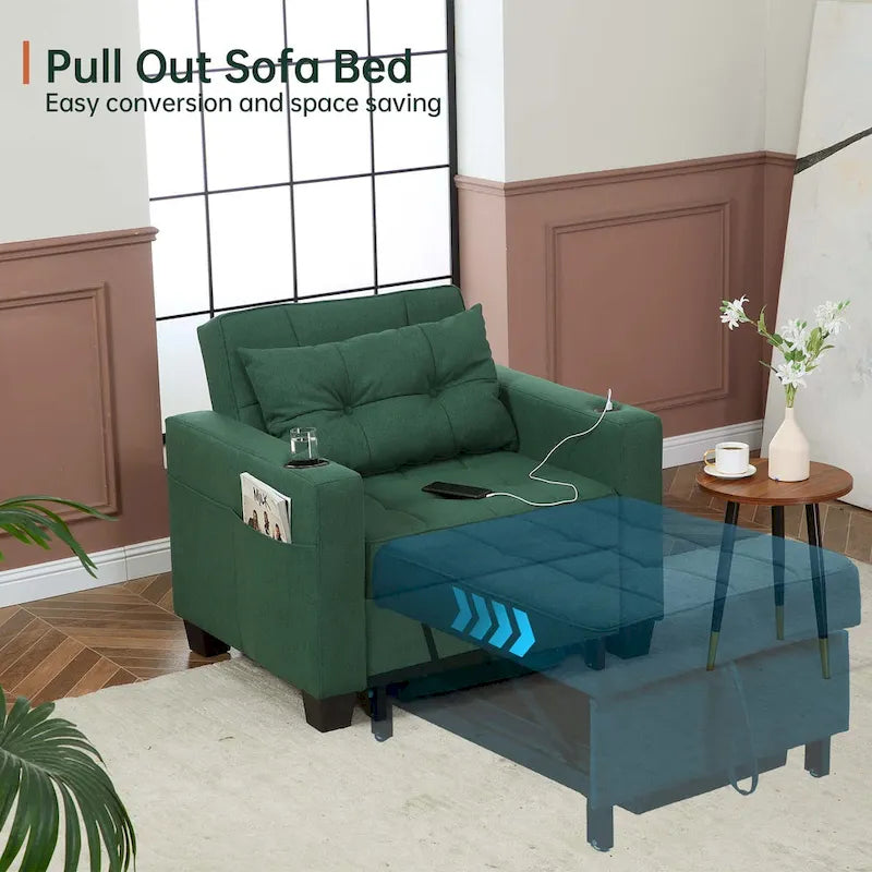 Convertible Chair Bed 3-in-1 36.6"W USB Ports Cup Holders 3 Recline Angles Steel 330 LBS