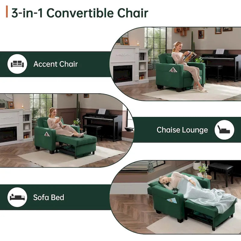 Convertible Chair Bed 3-in-1 36.6"W USB Ports Cup Holders 3 Recline Angles Steel 330 LBS