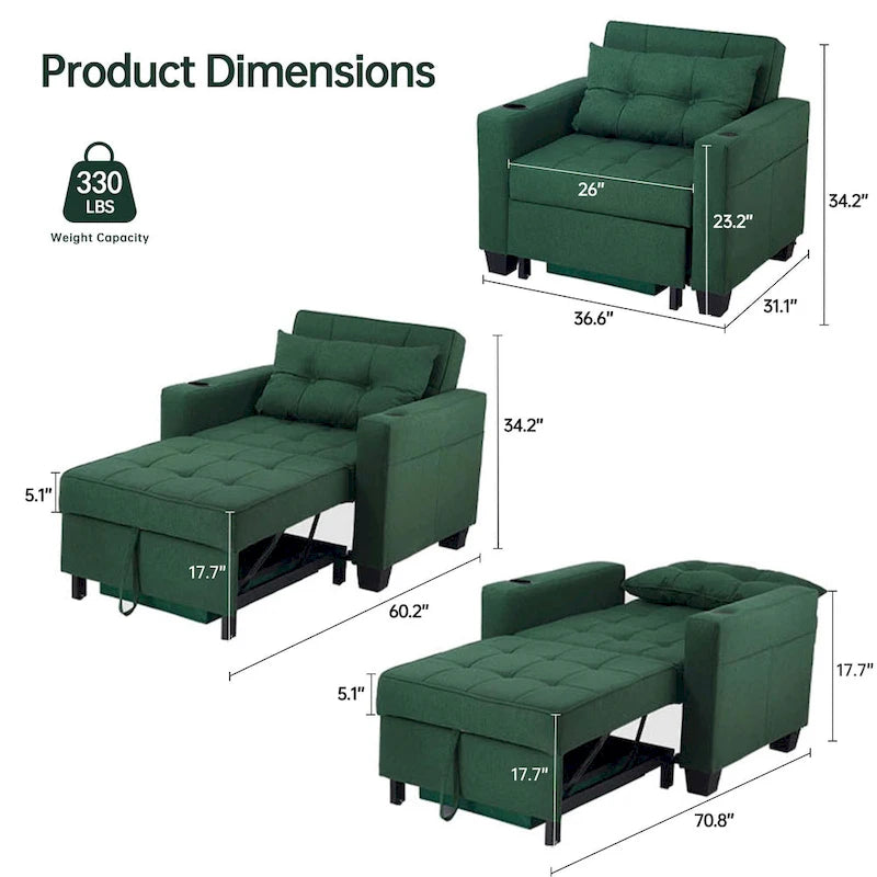 Convertible Chair Bed 3-in-1 36.6"W USB Ports Cup Holders 3 Recline Angles Steel 330 LBS