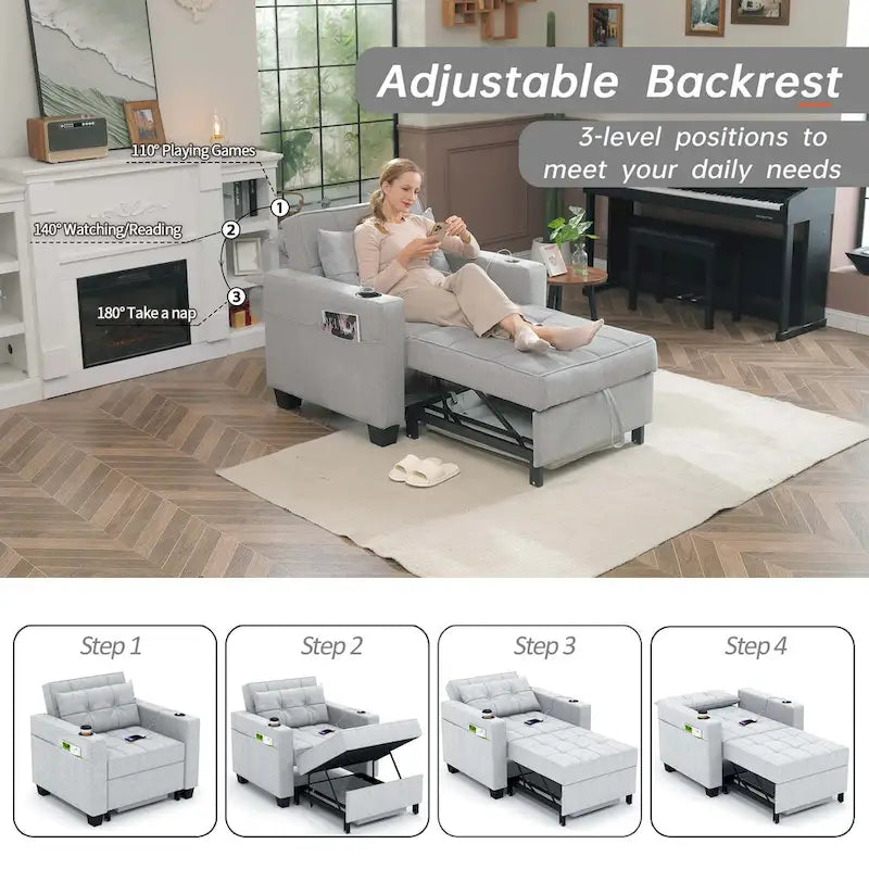 Convertible Chair Bed 3-in-1 36.6"W USB Ports Cup Holders 3 Recline Angles Steel 330 LBS