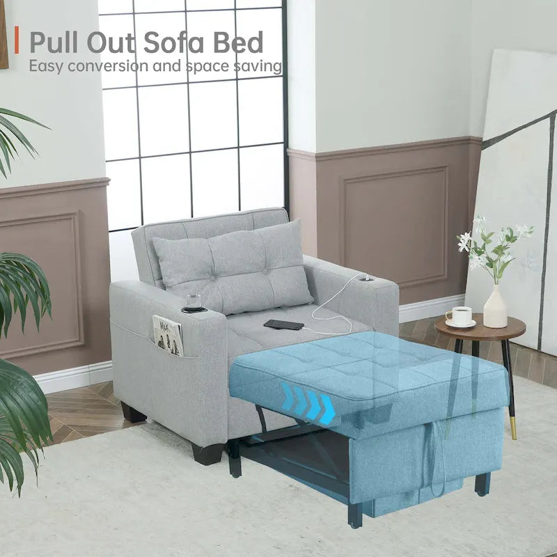 Convertible Chair Bed 3-in-1 36.6"W USB Ports Cup Holders 3 Recline Angles Steel 330 LBS