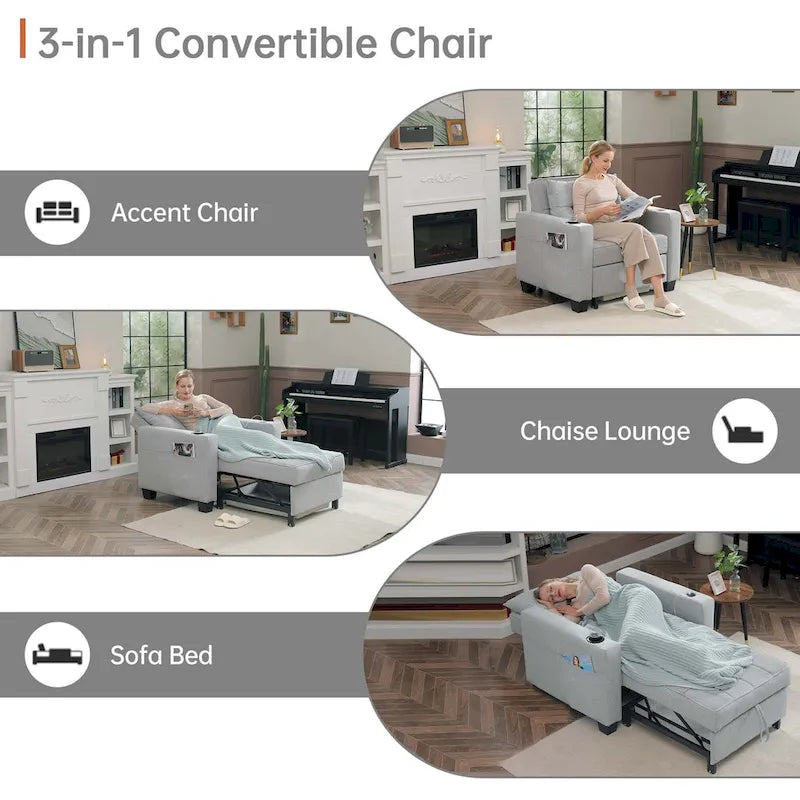 Convertible Chair Bed 3-in-1 36.6"W USB Ports Cup Holders 3 Recline Angles Steel 330 LBS