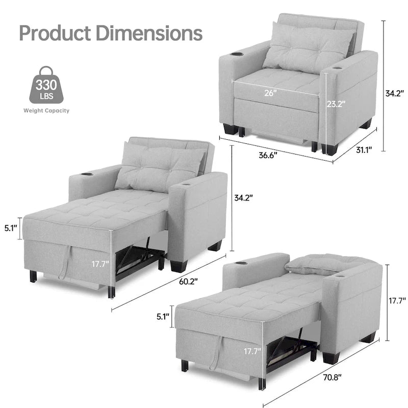 Convertible Chair Bed 3-in-1 36.6"W USB Ports Cup Holders 3 Recline Angles Steel 330 LBS