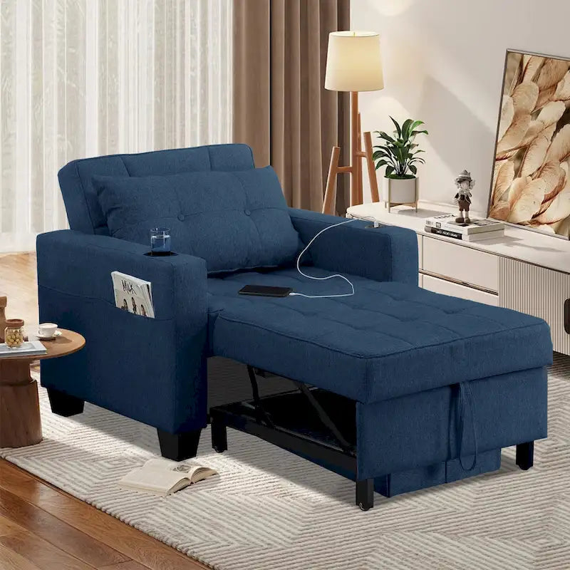 Convertible Chair Bed 3-in-1 36.6"W USB Ports Cup Holders 3 Recline Angles Steel 330 LBS