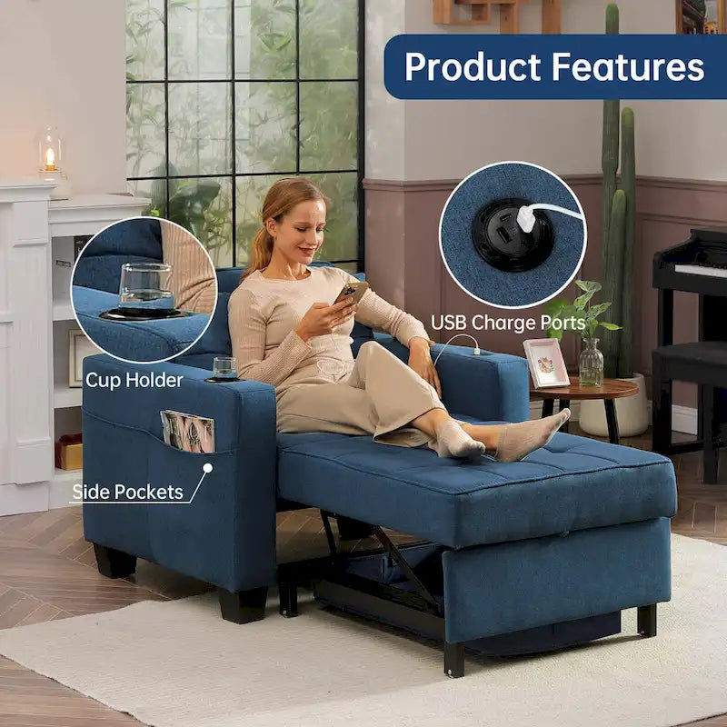 Convertible Chair Bed 3-in-1 36.6"W USB Ports Cup Holders 3 Recline Angles Steel 330 LBS