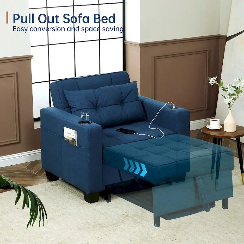 Convertible Chair Bed 3-in-1 36.6"W USB Ports Cup Holders 3 Recline Angles Steel 330 LBS