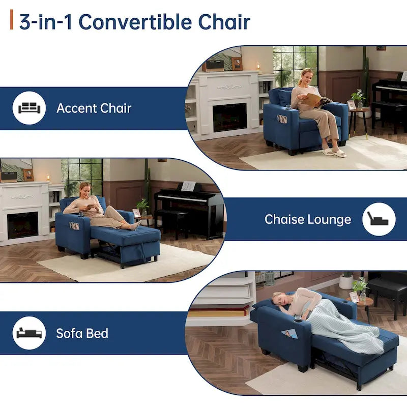 Convertible Chair Bed 3-in-1 36.6"W USB Ports Cup Holders 3 Recline Angles Steel 330 LBS
