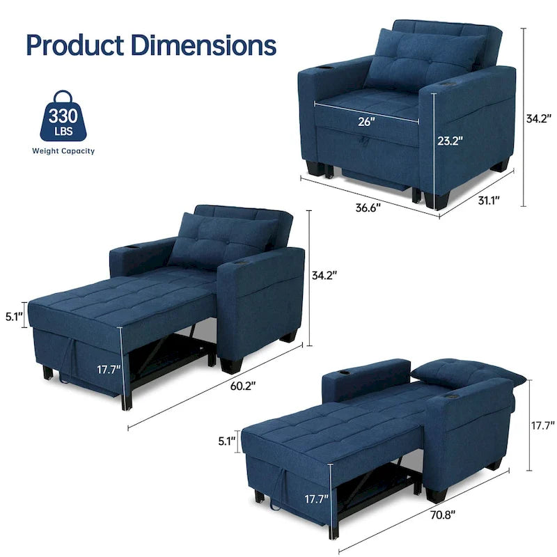 Convertible Chair Bed 3-in-1 36.6"W USB Ports Cup Holders 3 Recline Angles Steel 330 LBS