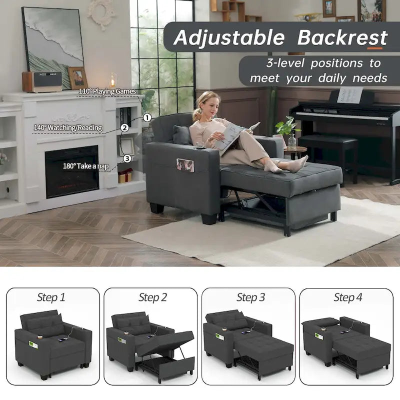 Convertible Chair Bed 3-in-1 36.6"W USB Ports Cup Holders 3 Recline Angles Steel 330 LBS