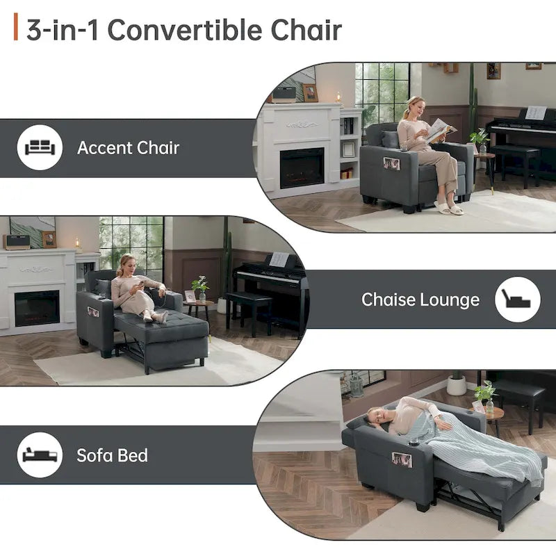 Convertible Chair Bed 3-in-1 36.6"W USB Ports Cup Holders 3 Recline Angles Steel 330 LBS