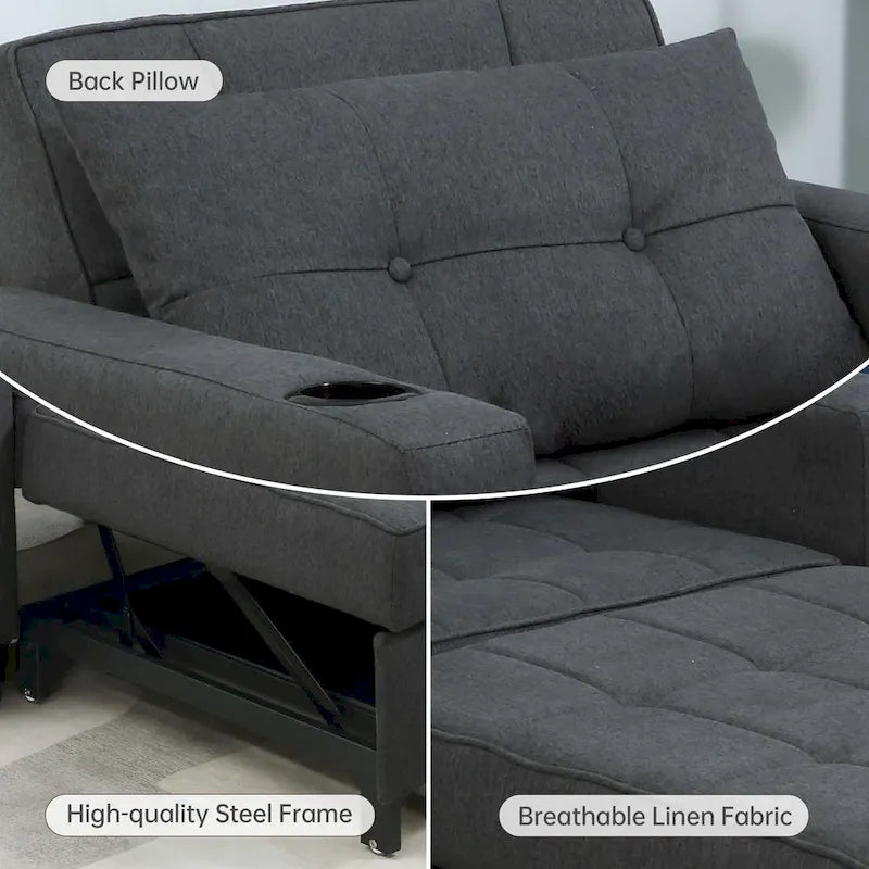 Convertible Chair Bed 3-in-1 36.6"W USB Ports Cup Holders 3 Recline Angles Steel 330 LBS