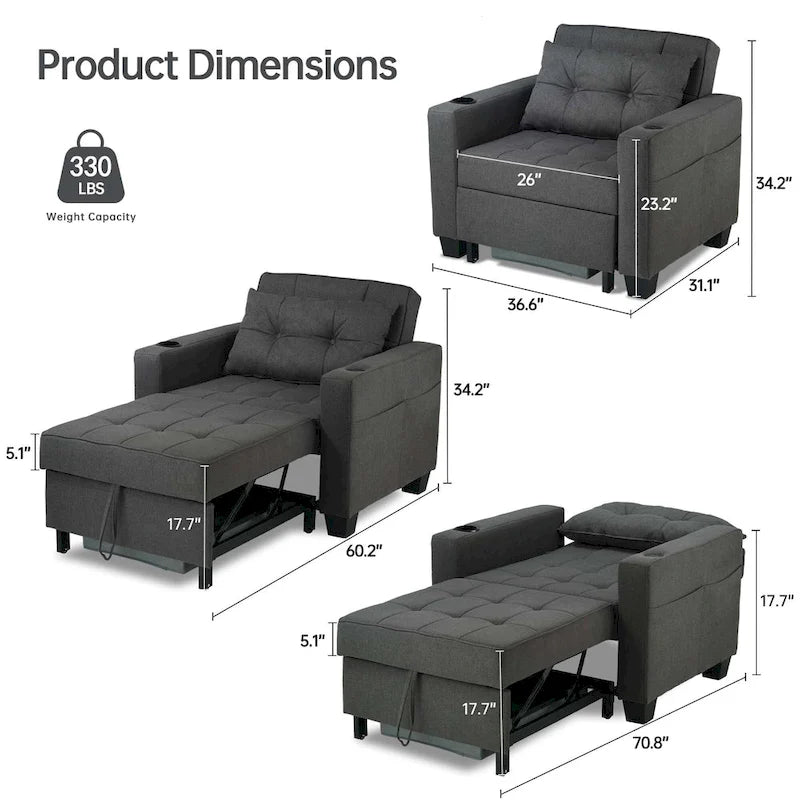 Convertible Chair Bed 3-in-1 36.6"W USB Ports Cup Holders 3 Recline Angles Steel 330 LBS