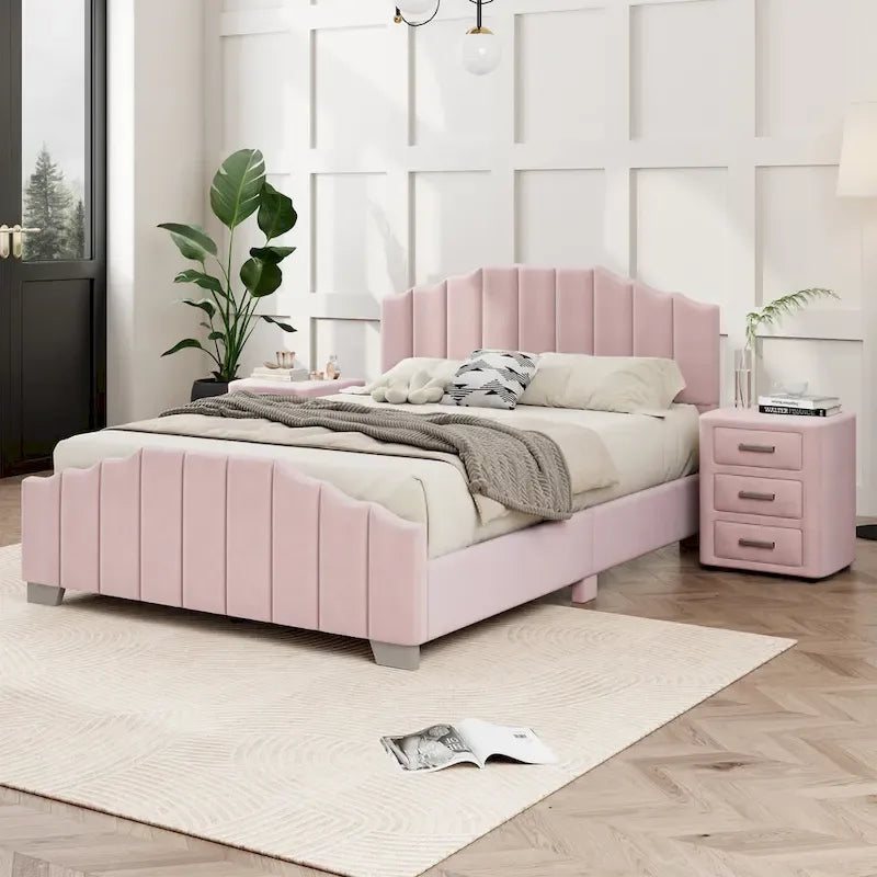 Modern King Size Bedroom Set, with Upholstered Platform Headboard and 2 3-Drawer Nightstands, No Box Spring Needed