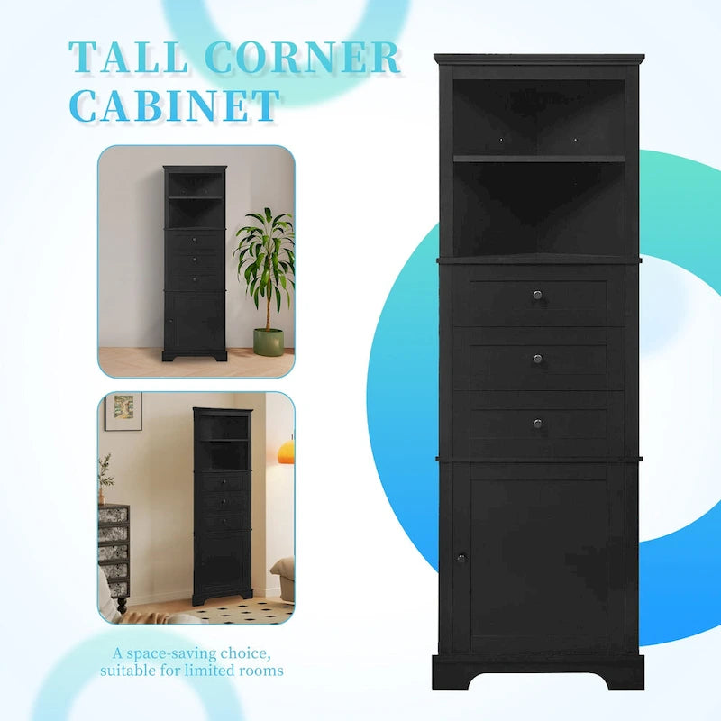 Black Triangle Tall Cabinet with 3 Drawers and Adjustable Shelves for Bathroom, Kitchen or Living Room