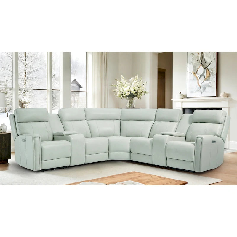 Genuine Leather Power Recliner Sectional Sofa with Ajustable Headrest, USB&USB-C Port