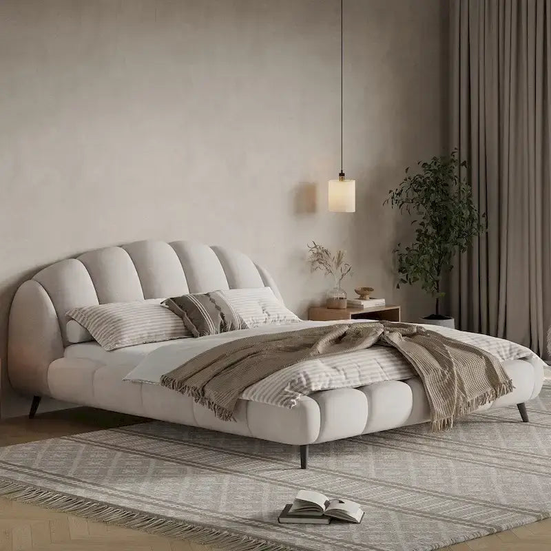 King Size Chenille Upholstered Platform Bed Shell-Shape Design Beds