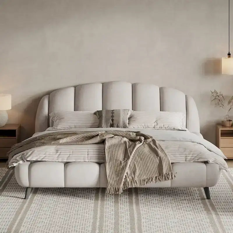 King Size Chenille Upholstered Platform Bed Shell-Shape Design Beds