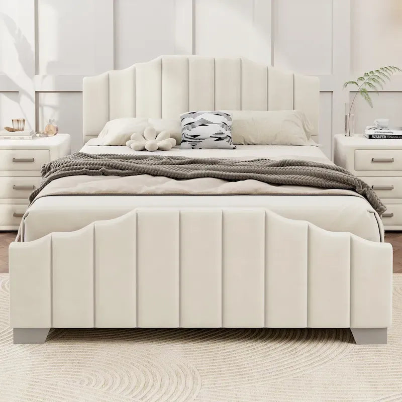 Full/Queen Platform Bed 78.8" Velvet Upholstered Tufted Headboard No Box Spring Beige