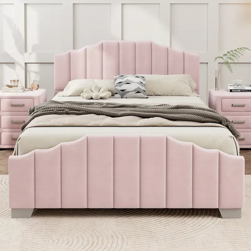 Full/Queen Platform Bed 78.8" Velvet Upholstered Tufted Headboard No Box Spring Beige