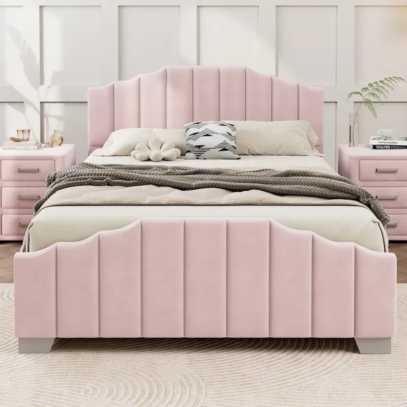 Full/Queen Platform Bed 78.8" Velvet Upholstered Tufted Headboard No Box Spring Beige
