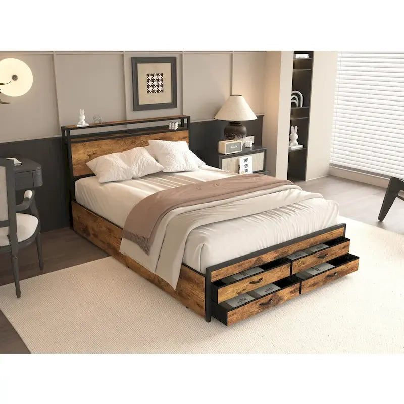 Full Size Storage Bed with LED Lights, Charging Station & 8 Drawers